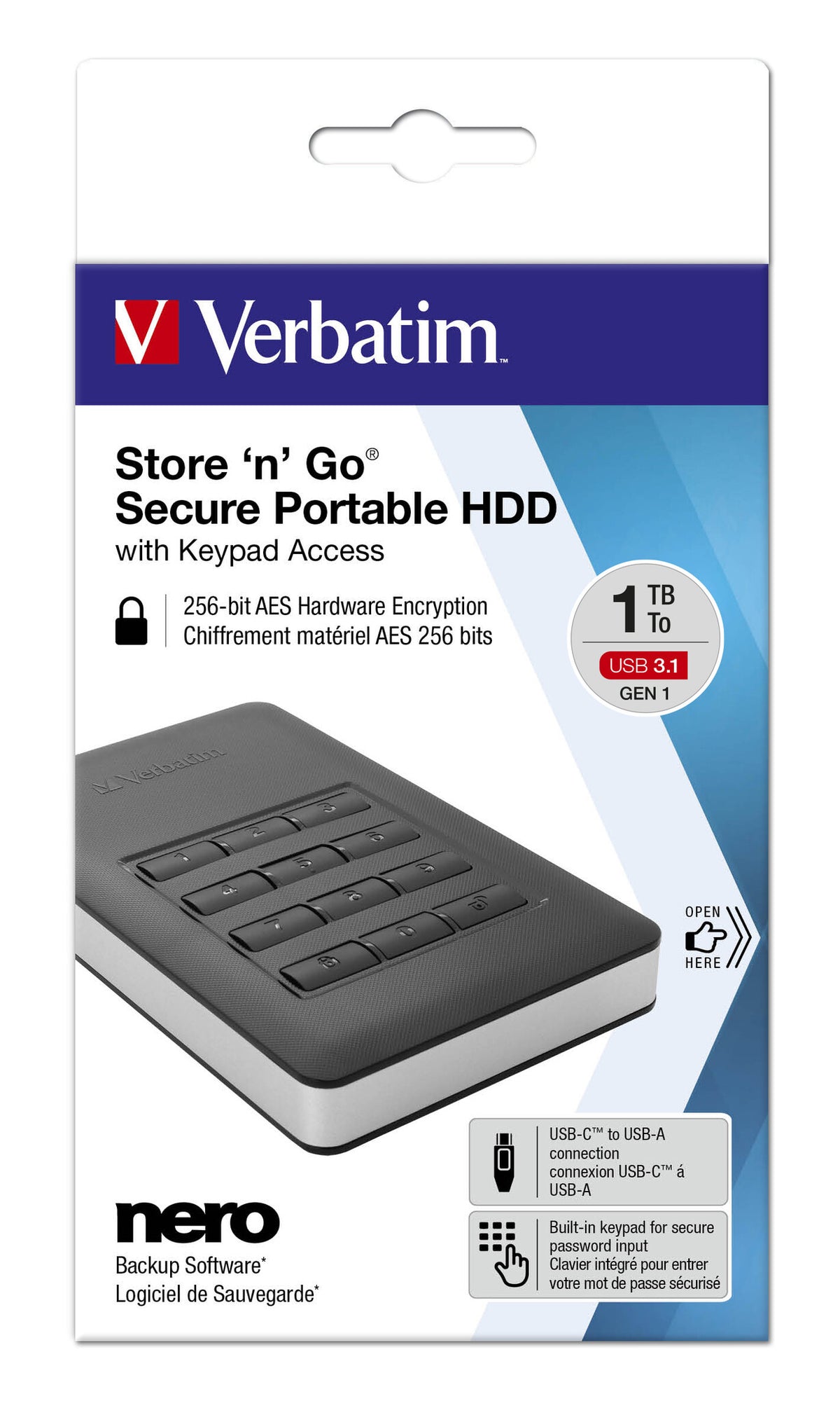 Verbatim Store 'n' Go Secure Portable HDD with Keypad Access in Black / Silver - 1 TB