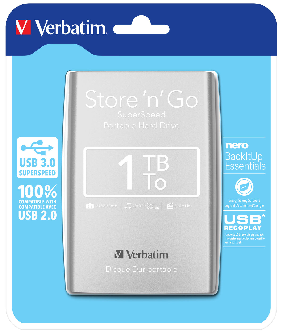 Verbatim Store 'n' Go USB 3.0 Portable Hard Drive in Silver - 1 TB