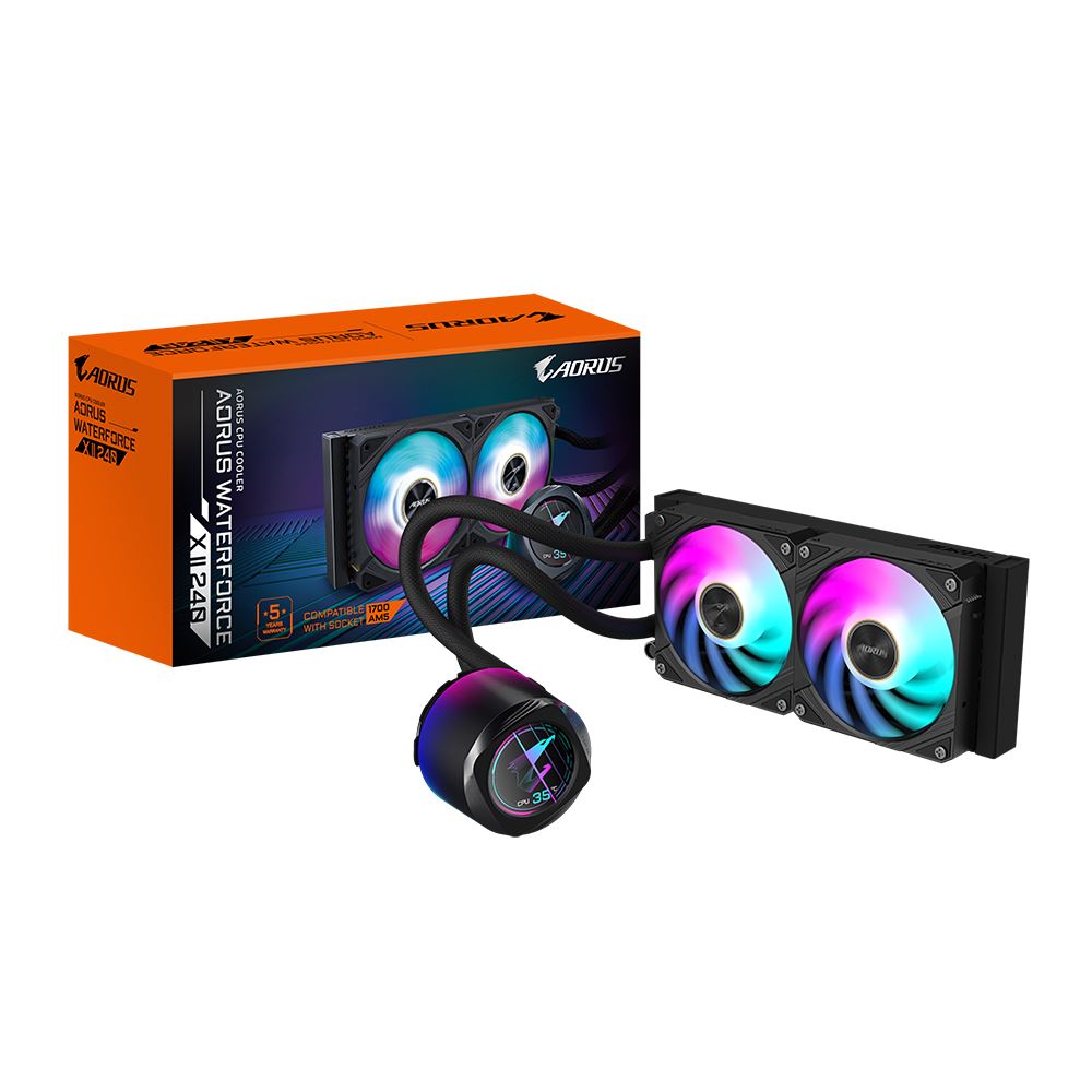 GIGABYTE AORUS WATERFORCE X II 240 AIO Liquid CPU Cooler - 2x120mm ARGB Fans/ full-color LCD/ DAISY-CHAIN/ Intel LGA 1851 and AMD AM5 Compatible