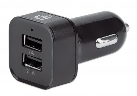 Manhattan Car/Auto Mobile Device Charger (Clearance Pricing), 2x USB-A Outputs, Includes 2-in-1 Charging Cable (for Micro-USB &amp; USB-C outputs), Charging 2.1A (fast charging), Surge Protection, Black, Phone Charger, Three Year Warranty, Blister