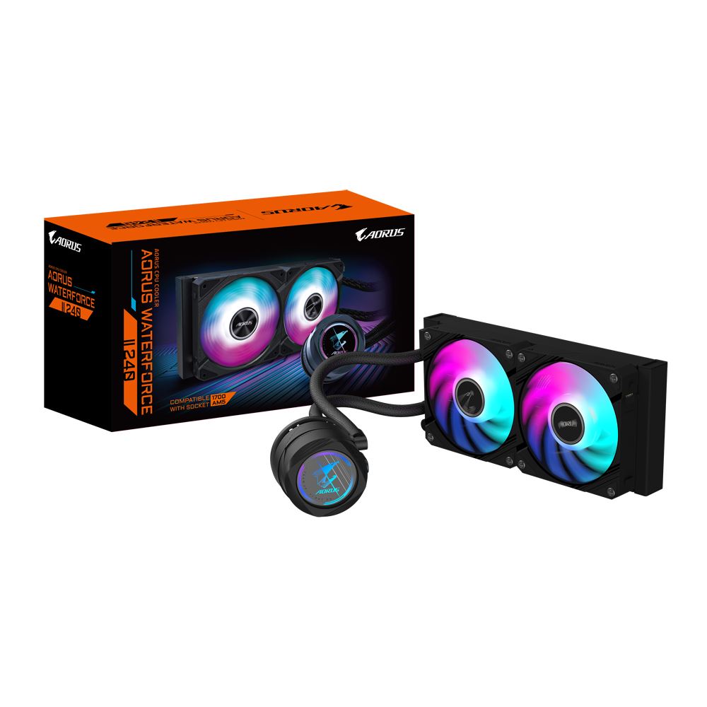 GIGABYTE AORUS WATERFORCE II 240 AIO Liquid CPU Cooler - 2x120mm ARGB Fans/ slide-in interlocking mechanism/ DAISY-CHAIN/ Intel LGA 1851 and AMD AM5 Compatible