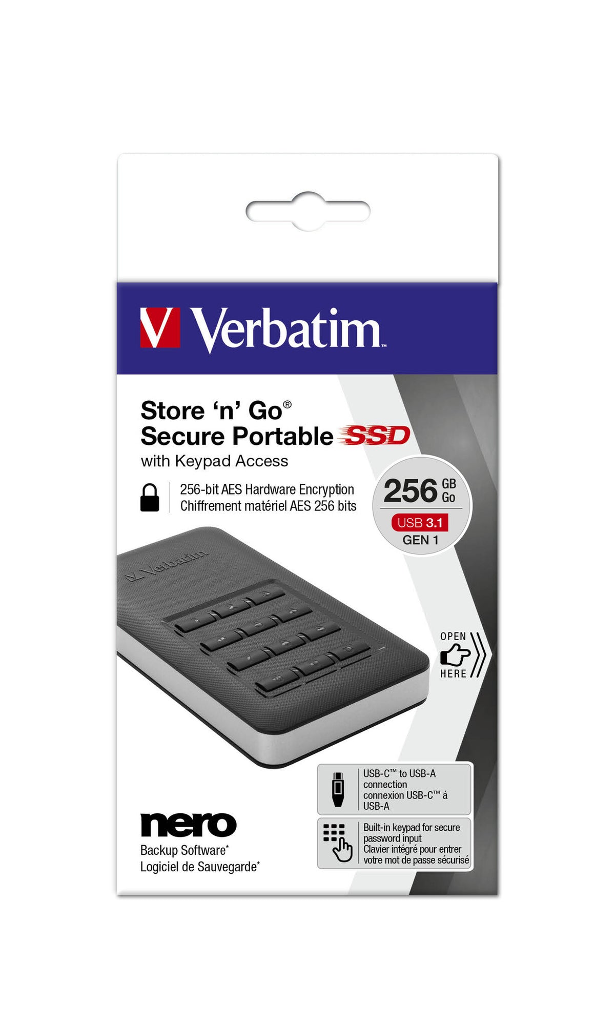 Verbatim Store 'n' Go Portable SSD with Keypad Access in Black / Silver - 256 GB