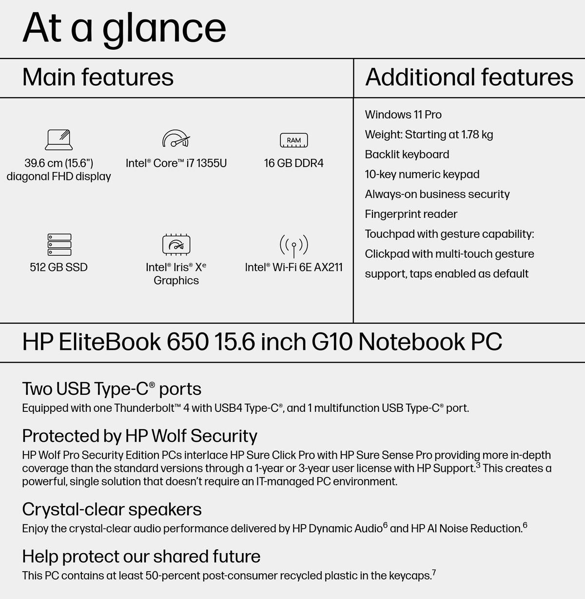 HP EliteBook 650 G10 Laptop - 39.6 cm (15.6") - Intel® Core™ i7-1355U - 16 GB DDR4-SDRAM - 512 GB SSD - Wi-Fi 6E - Windows 11 Pro - Silver