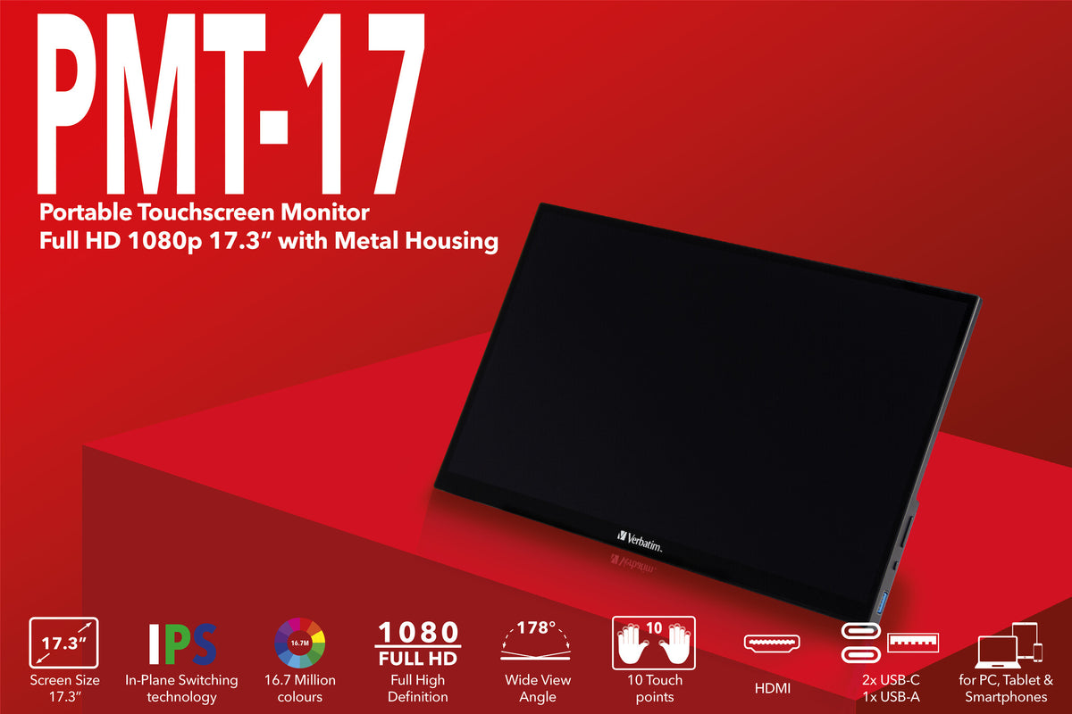 Verbatim 49593 - 43.9 cm (17.3") - 1920 x 1080 pixels Full HD Touchscreen Monitor