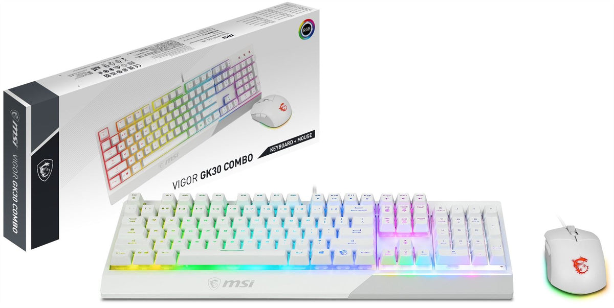 MSI VIGOR GK30 COMBO WHITE UK RGB MEMchanical Gaming Keyboard + Clutch GM11 WHITE Gaming Mouse &#39; UK Layout, 6-Zone RGB Lighting Keyboard, Du
