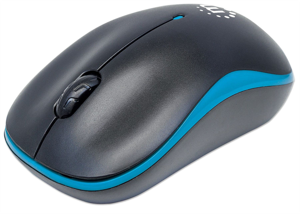 Manhattan Success Wireless Mouse, Black/Blue, 1000dpi, 2.4Ghz (up to 10m), USB, Optical, Three Button with Scroll Wheel, USB micro receiver, AA battery (included), Low friction base, Three Year Warranty, Blister