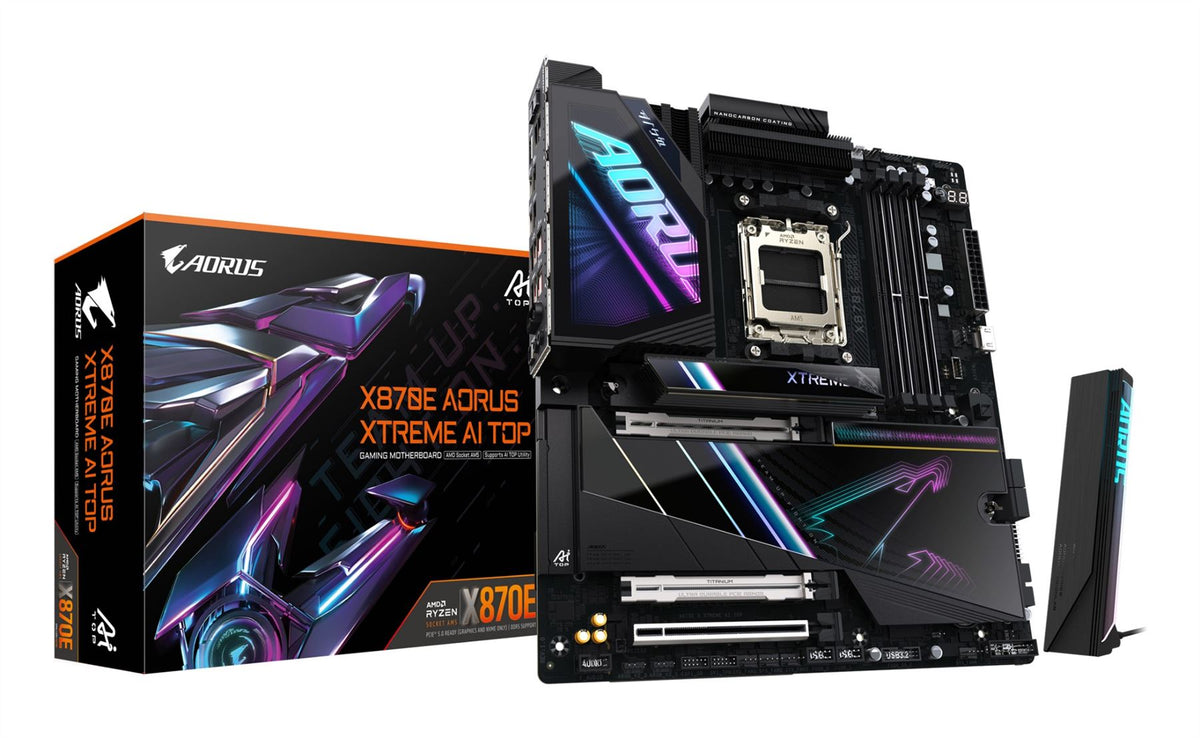 GIGABYTE X870E AORUS XTREME AI TOP Motherboard - Supports AMD Ryzen 9000 Series CPUs, 18+2+2 phases VRM, up to 8800MHz DDR5 (OC), 1xPCIe 5.0 M.2 + 3xPCIe 4.0 M.2, WI-FI 7, 10GbE LAN, USB 4