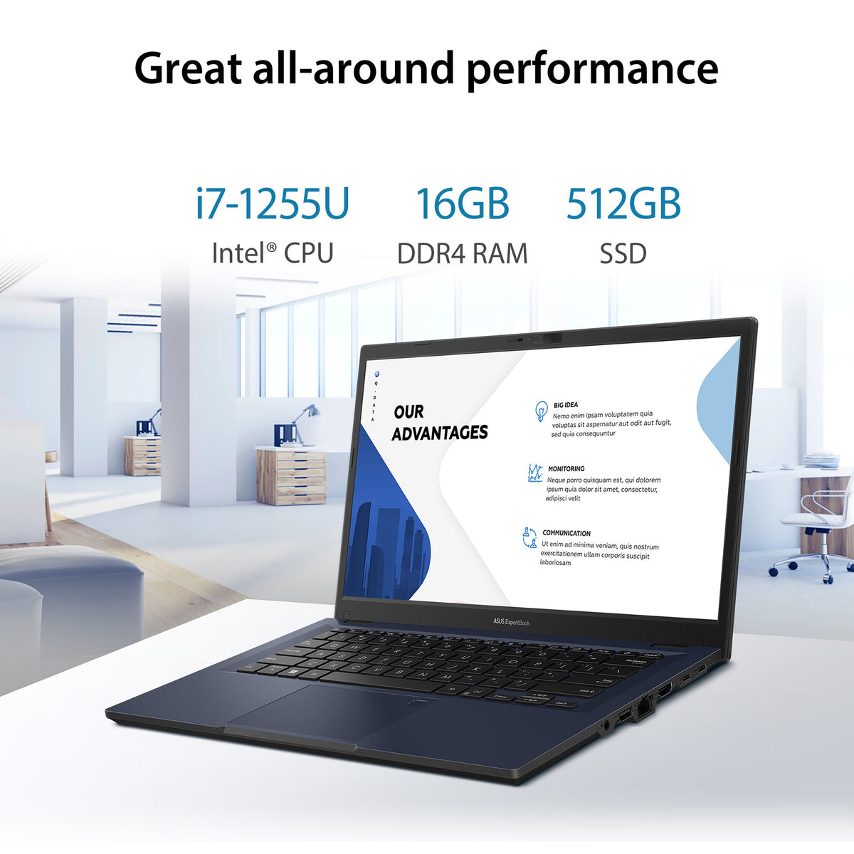 ASUS ExpertBook B1 Laptop - 35.6 cm (14") - Intel® Core™ i7-1255U - 16 GB DDR4-SDRAM - 512 GB SSD - Wi-Fi 6E - Windows 11 Pro - Black