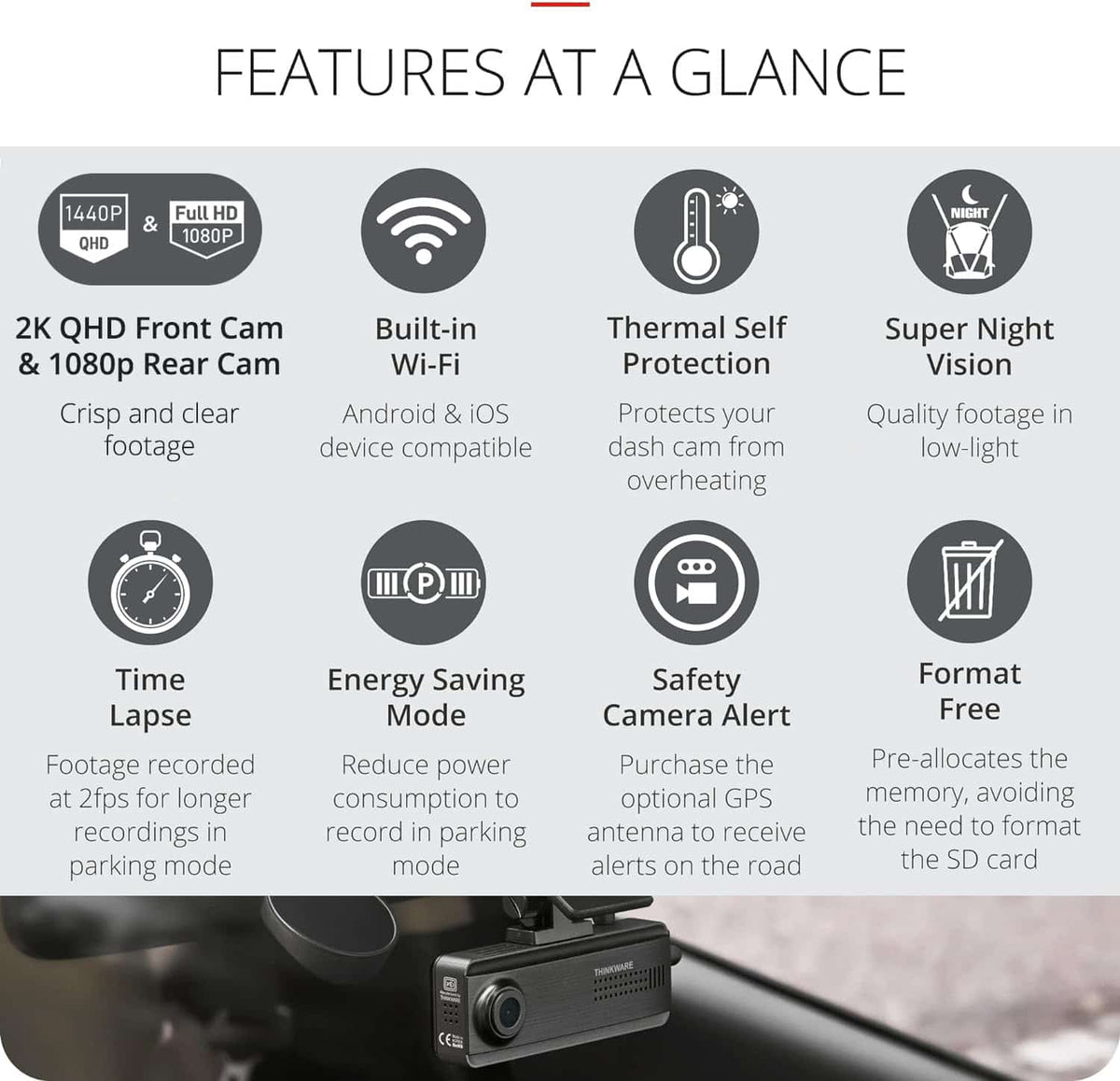 Thinkware Q200 - Dual Lead Front &amp; Rear Dashcam with GPS antenna