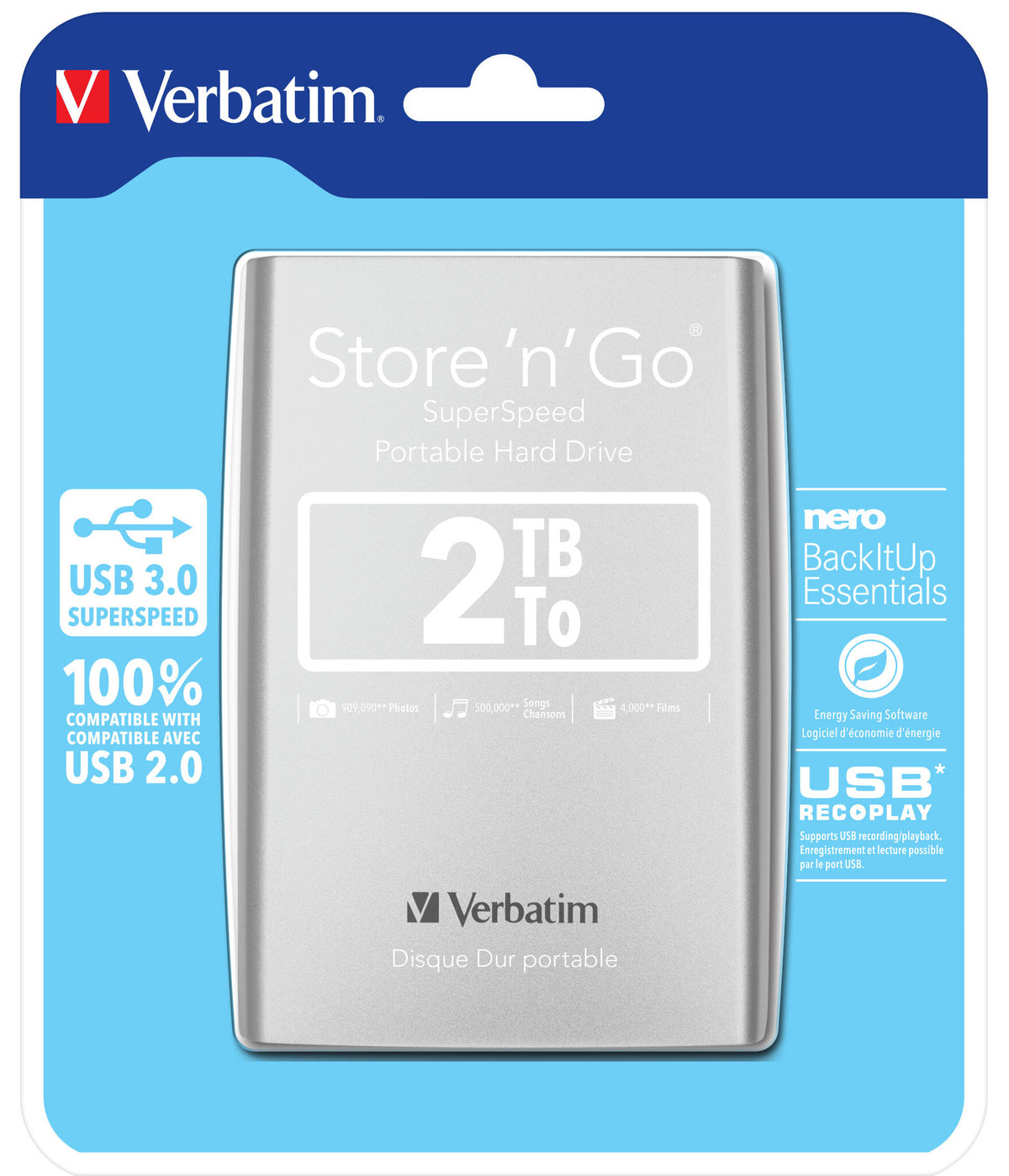 Verbatim Store 'n' Go USB 3.0 Portable Hard Drive in Silver - 2 TB