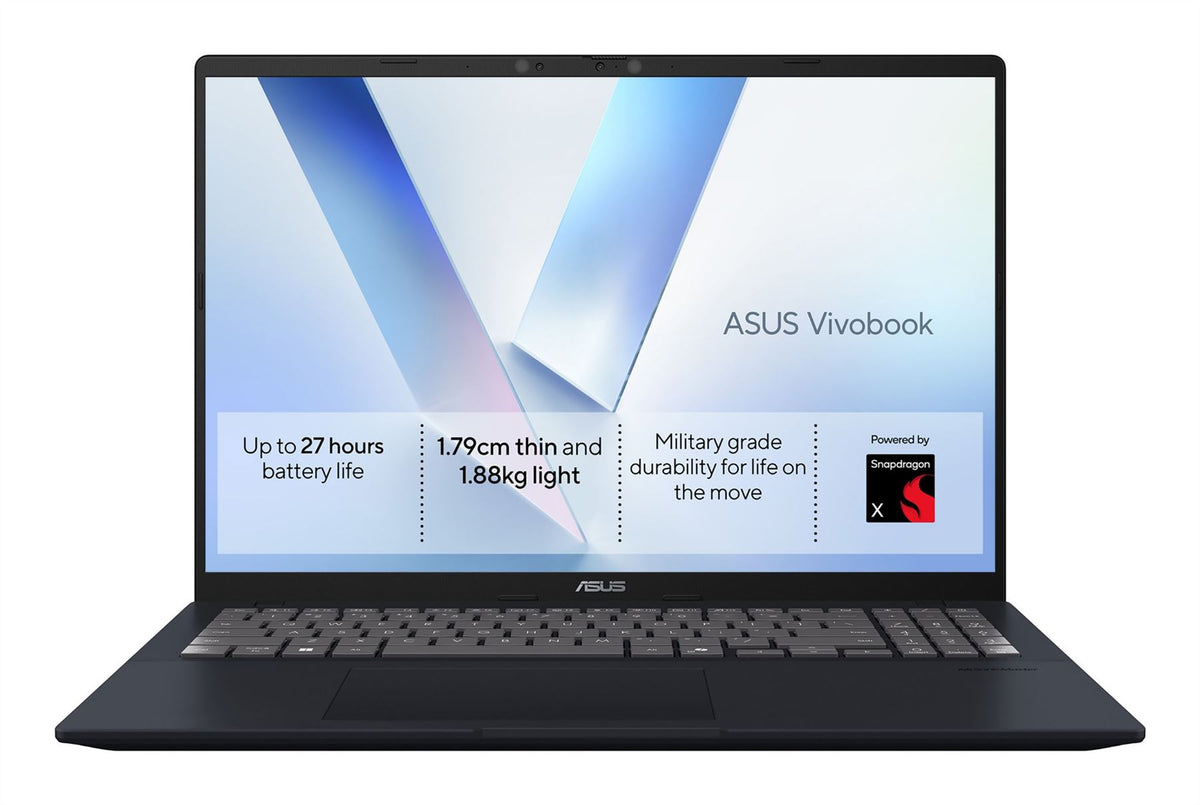 ASUS Vivobook 16 S1607QA-MB159W Copilot+ PC Snapdragon X1-26-100 Laptop 40.6 cm (16") WUXGA 8 GB LPDDR5x-SDRAM 256 GB SSD Wi-Fi 6E (802.11ax) Windows 11 Home Black, Blue