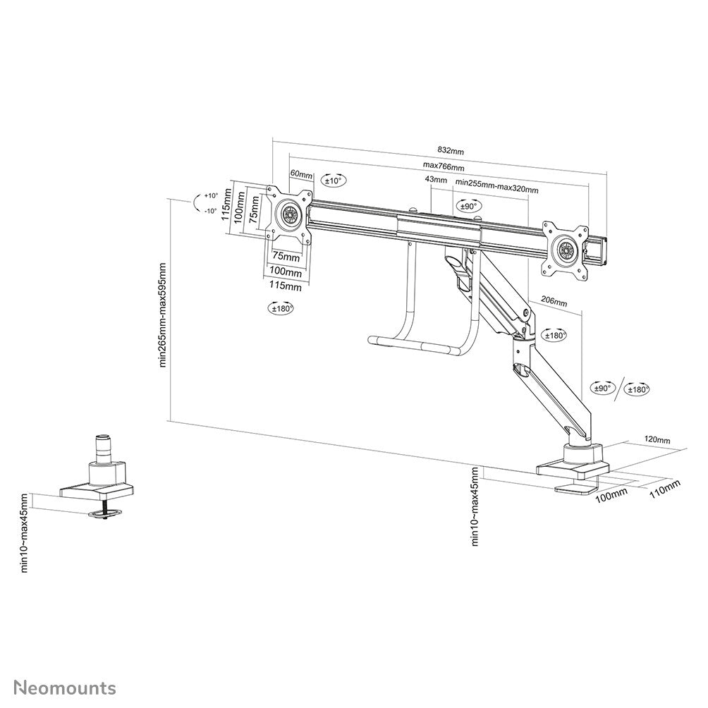 Neomounts NM-D775DXBLACK - Desk monitor mount for 25.4 cm (10") to 81.3 cm (32")
