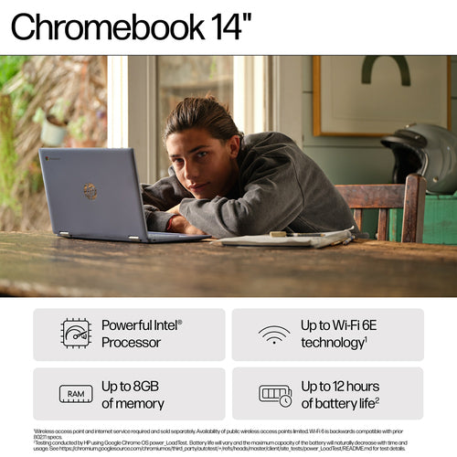 HP Chromebook A20J9EA - 35.6 cm (14&quot;) - Intel® Core i3-N305 - 8 GB LPDDR5-SDRAM - 256 GB eUFS - Wi-Fi 6E - ChromeOS - Silver