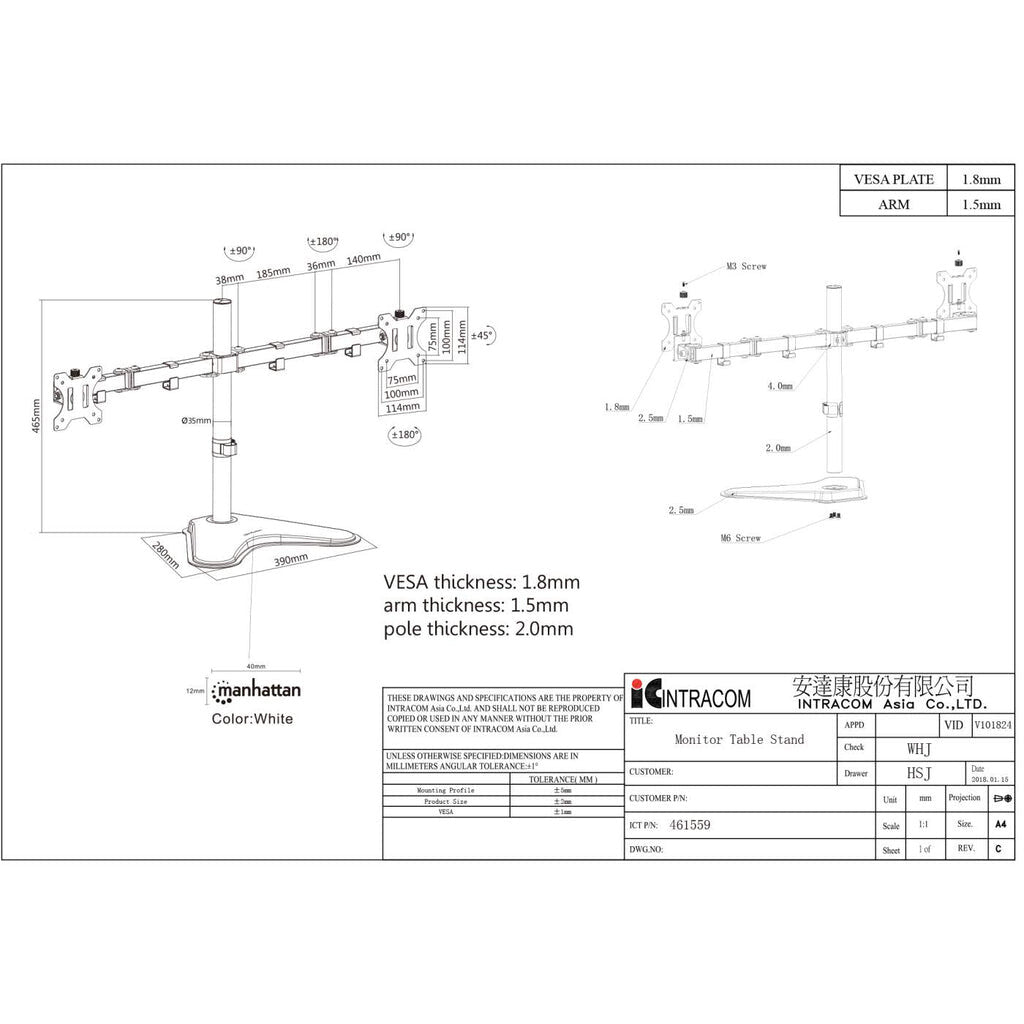 Manhattan 461559 - Desk monitor mount for 33 cm (13") to 81.3 cm (32")