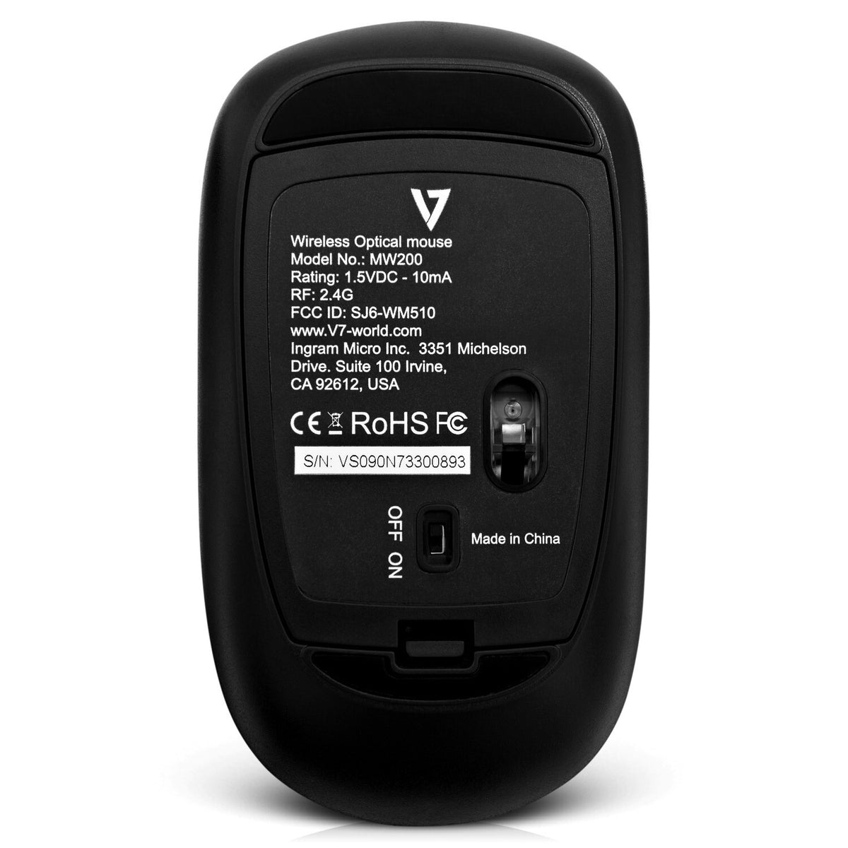 V7 Low Profile Wireless Optical Mouse in Black - 1,600 DPI