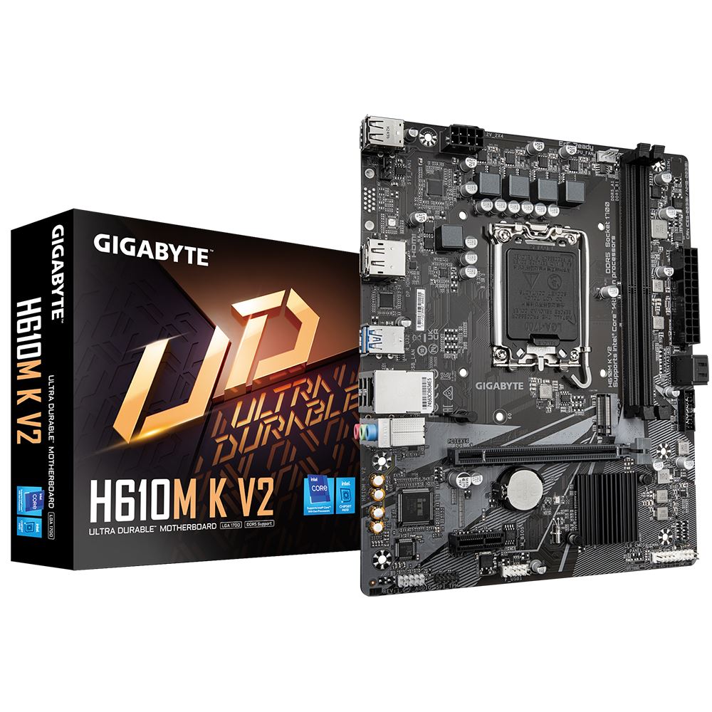 GIGABYTE H610M K V2 Motherboard - Intel Core 14th CPUs, up to 5600MHz DDR5, 1xPCIe 3.0 M.2, 1GbE LAN, USB 3.2 Gen 1