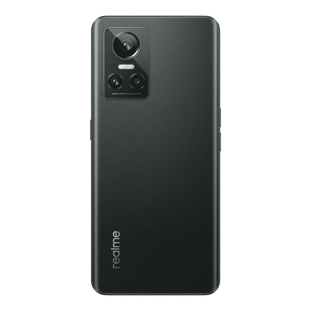 Realme GT Neo 3 in Asphalt Black, showing both the front and back of the device.